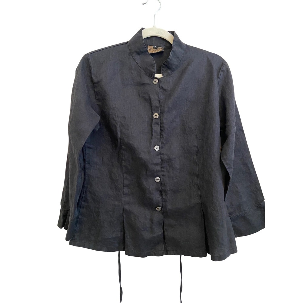 Maiwa Handprints Studio Black‎ Linen Mandarin Collar Button Up Jacket Size M